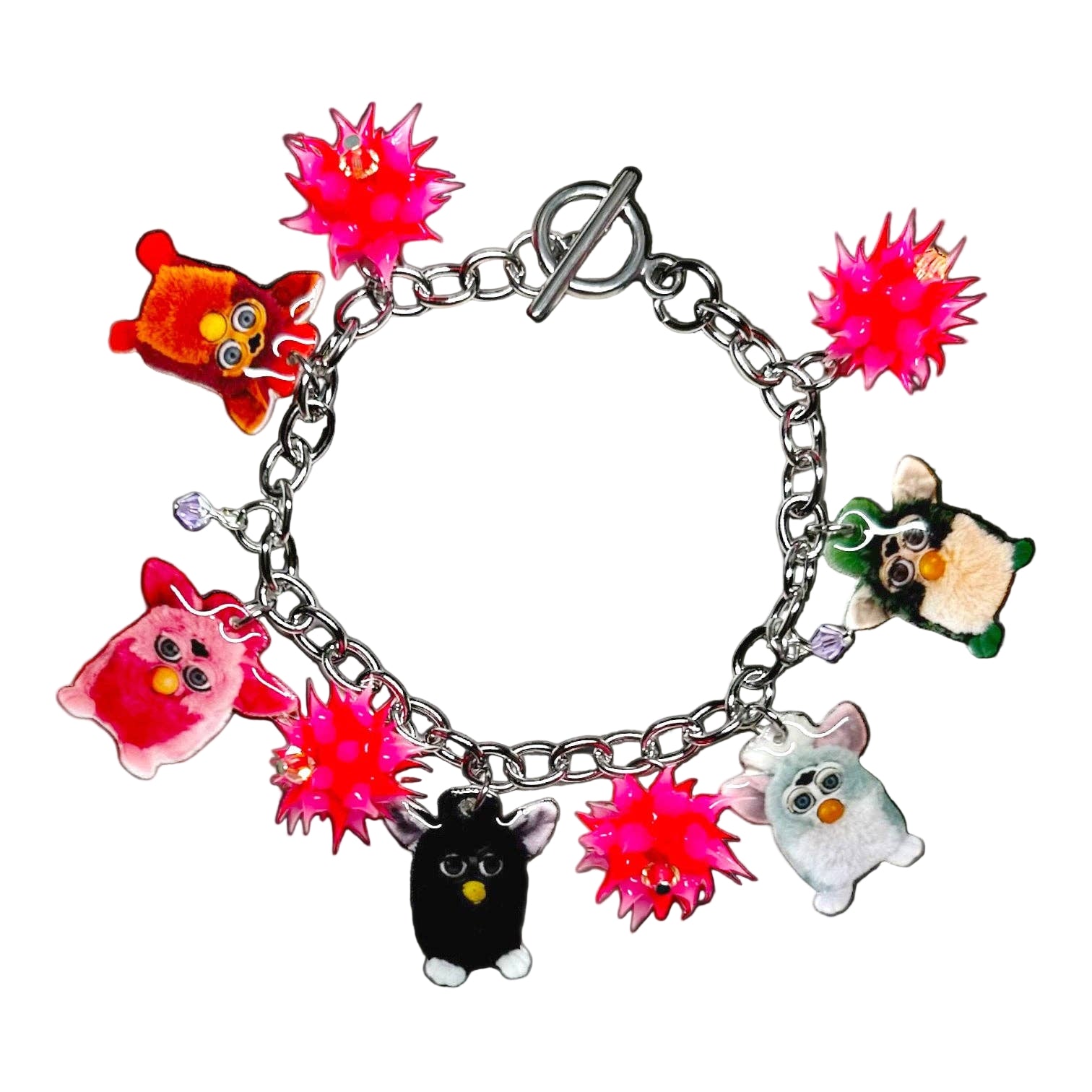 Furby Charm Bracelet with spiky PVC polymer beads, 7.5" handmade bracelet, toggle clasp gift store